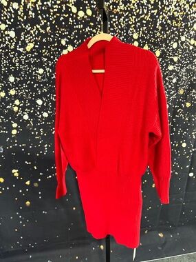Commense Red Shawl-Collar Ribbed Women's Sweater Dress XS NWT